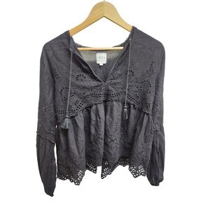 MISA Los Angeles Embroidered‎ Eyelet Peasant Tassel Blouse Top
